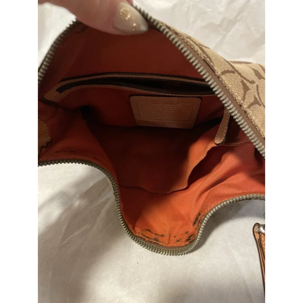 Coach Signature Hobo Bag Brown Tan Canvas Leather Zipper Issue AS IS Orange